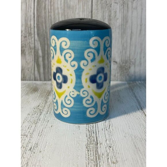 Turquoise Navy Blue White and Yellow Hand Painted Pepper Shaker - Picture 2 of 5